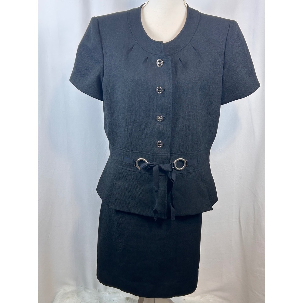 Tahari Black Peplum Skirt Suit Set Short Sleeve Jacket Pencil Skirt 1